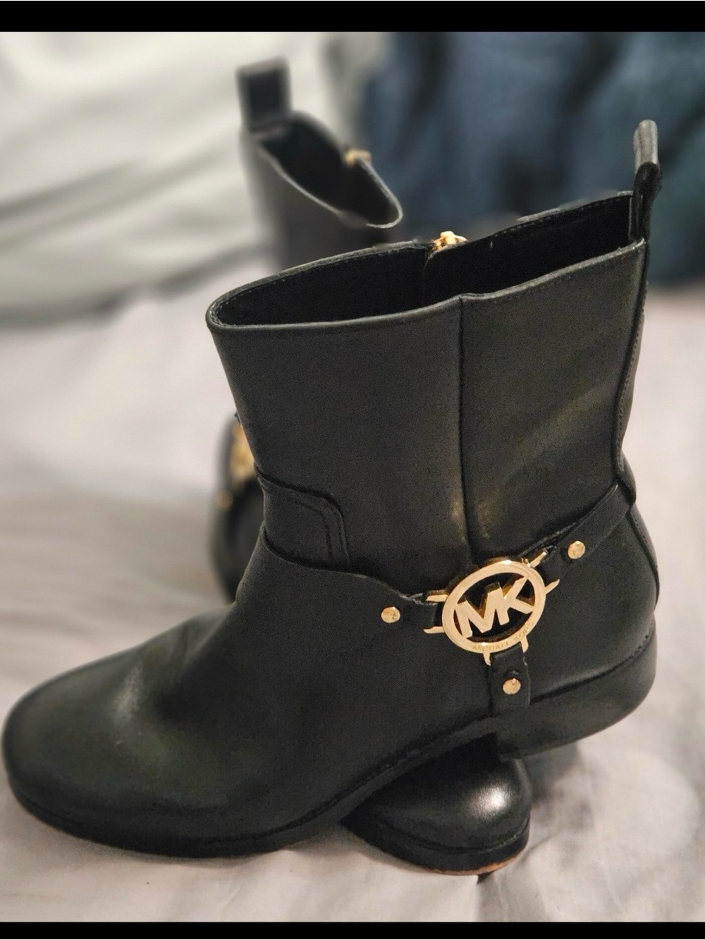 Michael Kors Black Leather Mid-Calf Boots with Gold MK Emblem